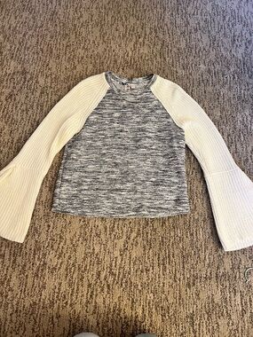Anthropologie Mixed Gray Marled Sweater with Cream Bell Sleeves